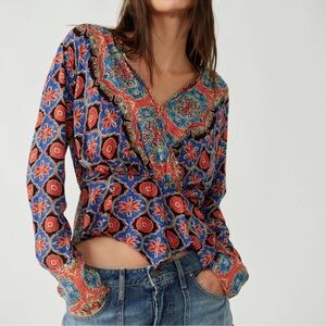 Free People Falling For You 100% Viscose Indigo Floral Wrap Top Size XS NWOT